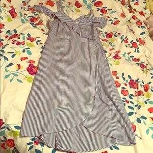 Pinstripe Blue White Cold Shoulder Midi Wrap Dress
